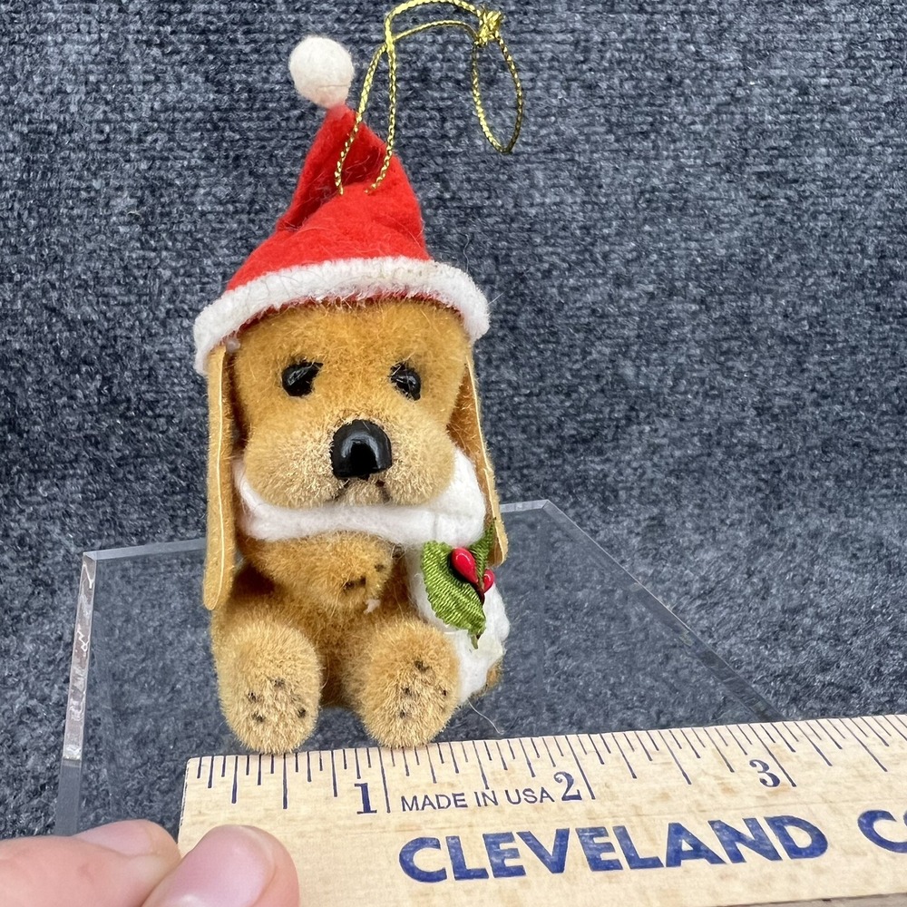 Vintage Christmas Ornament Flocked Brown Puppy Dog In Santa Hat W/Scarf & Holly - Picture 3 of 7